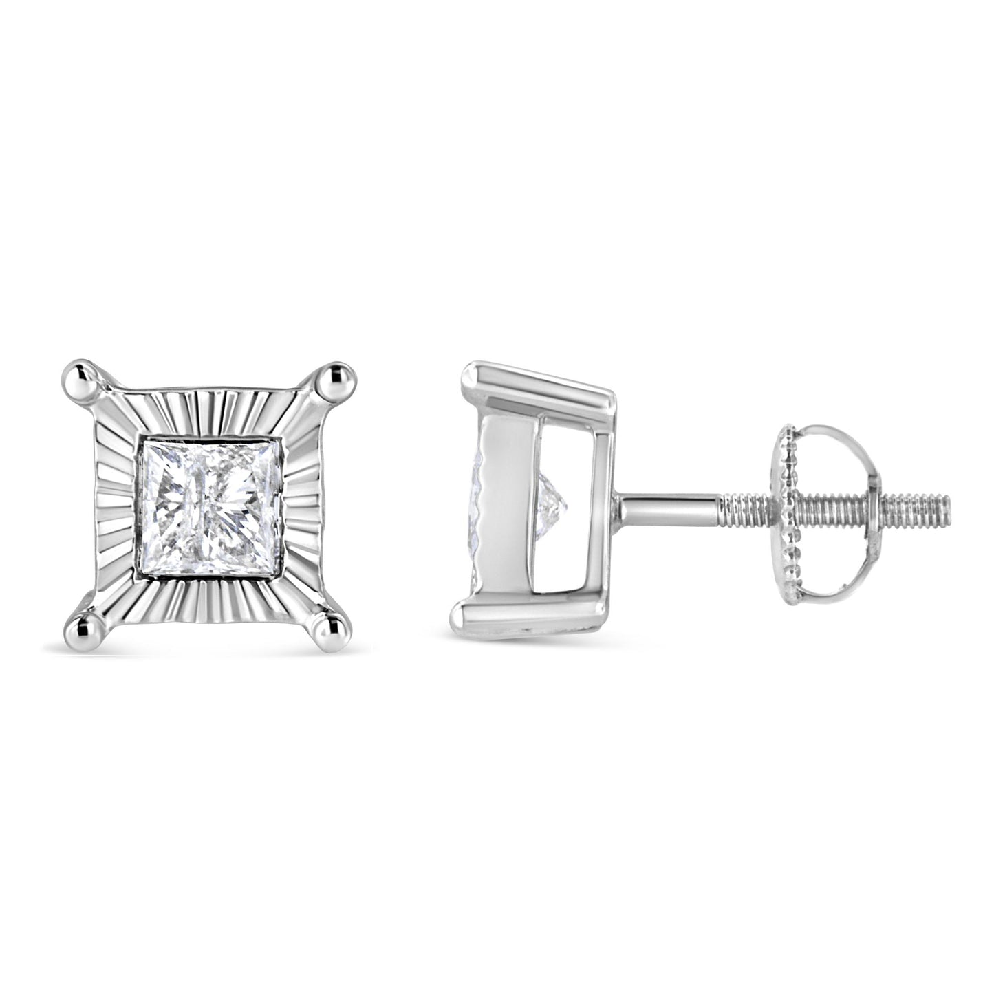Front and side view of white metal stud earrings with square white gemstones in a decorative setting.