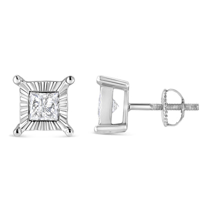 Front and side view of white metal stud earrings with square white gemstones in a decorative setting.