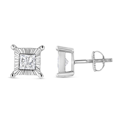 Front and side angle view of white square stud earrings with princess shape white gemstones set in a radiant-style setting.