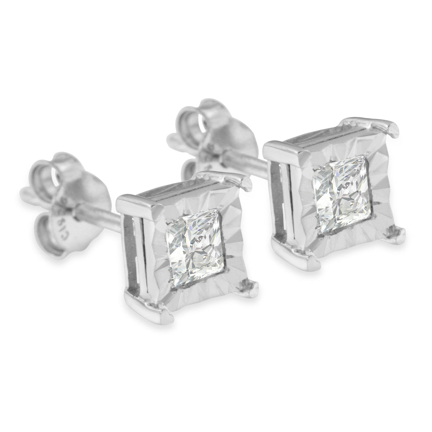 Pair of white metal stud earrings with princess-shaped white gemstones in a miracle setting, shown from a slight side angle.