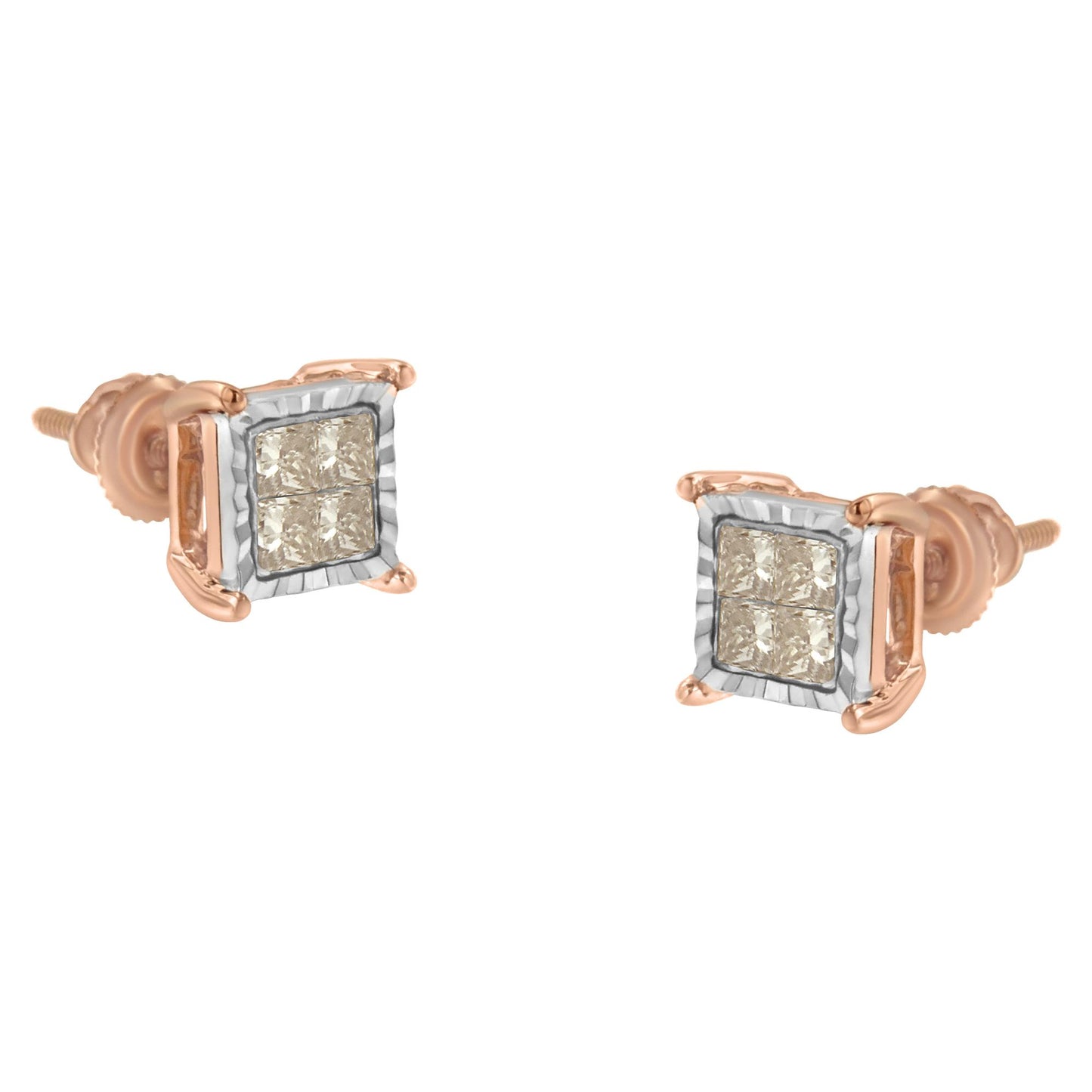 Pair of white and rose metal stud earrings with square cluster of princess-shaped white gemstones, shown from a front angle.