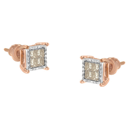 Pair of white and rose metal stud earrings with square cluster of princess-shaped white gemstones, shown from a front angle.
