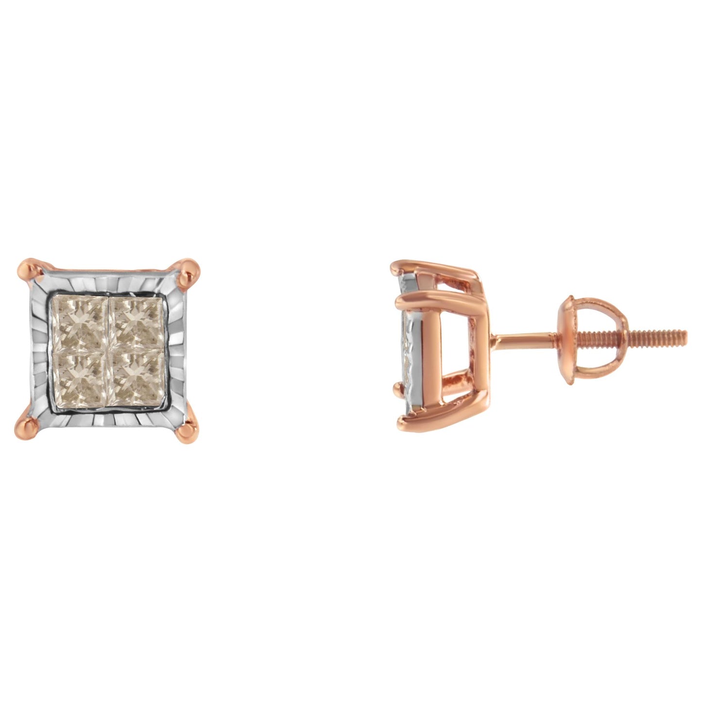 Pair of square stud earrings with white and rose metal featuring princess-shaped white gemstones in a cluster, shown from front and side angles.