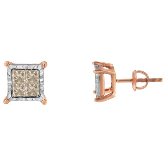 Pair of square stud earrings with white and rose metal featuring princess-shaped white gemstones in a cluster, shown from front and side angles.