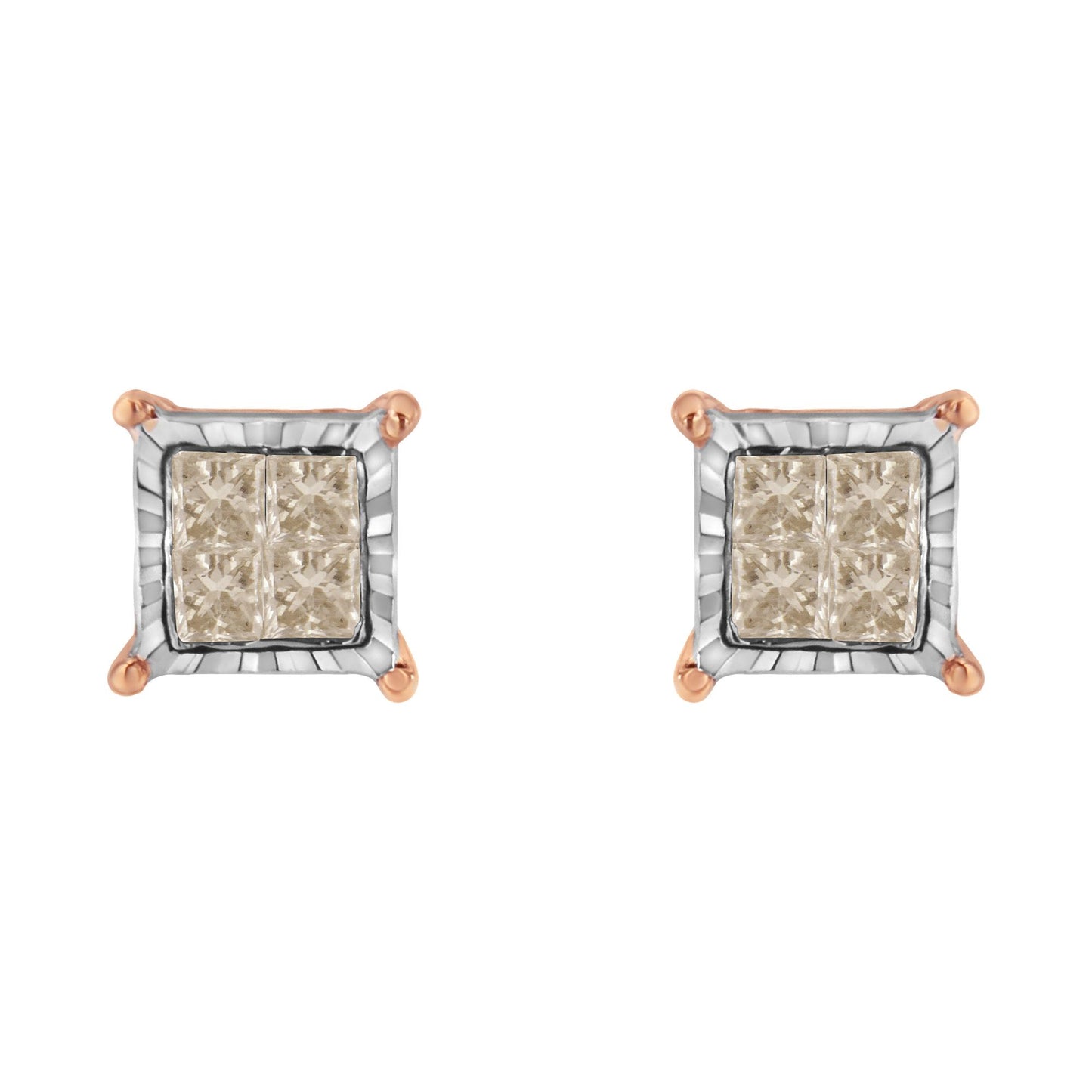 Top-front view of a pair of square-shaped stud earrings with white and rose metal colors, featuring clusters of white gemstones in a miracle setting.