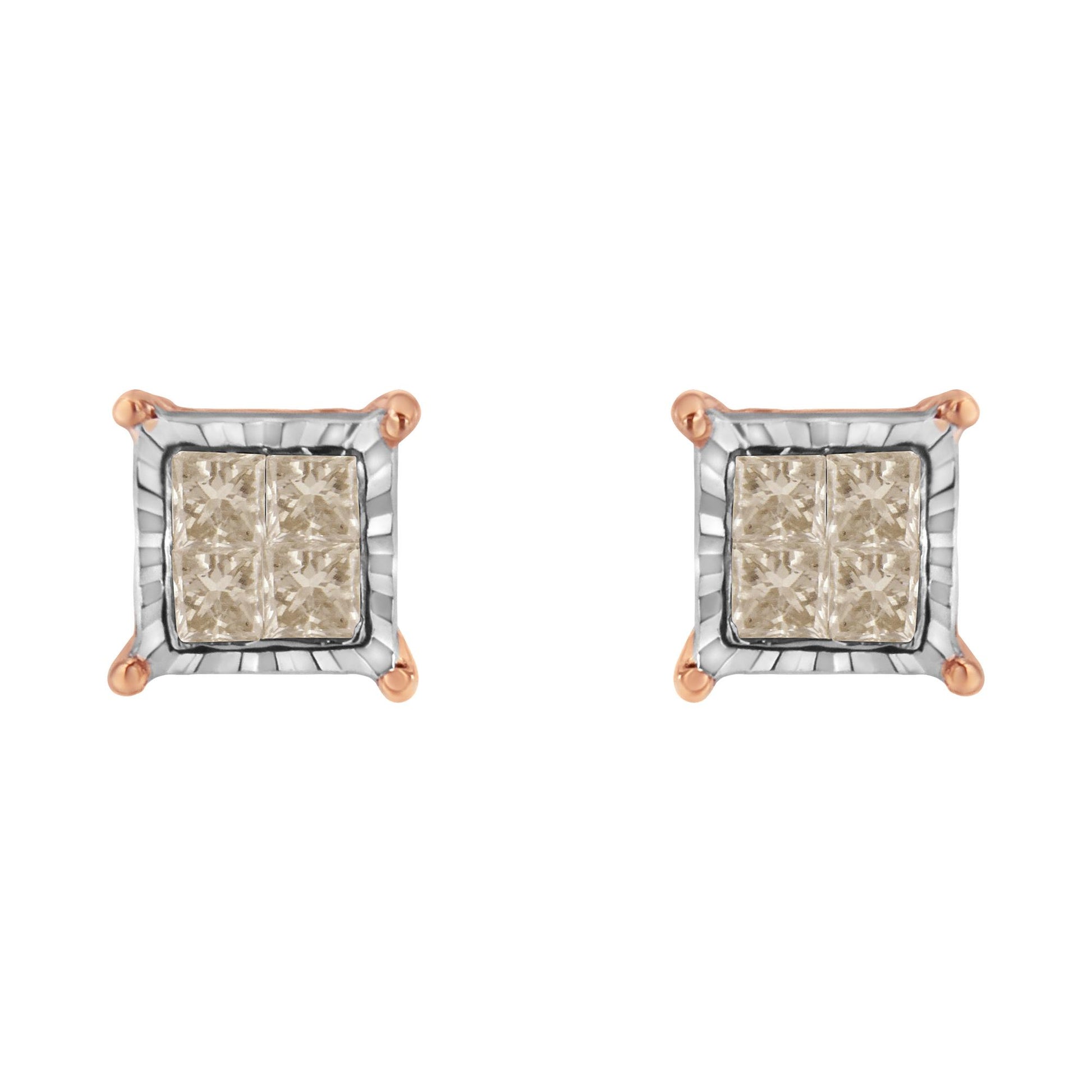 Top-front view of a pair of square-shaped stud earrings with white and rose metal colors, featuring clusters of white gemstones in a miracle setting.