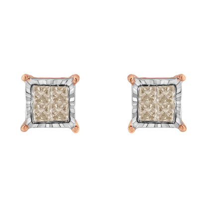 Top-front view of a pair of square-shaped stud earrings with white and rose metal colors, featuring clusters of white gemstones in a miracle setting.
