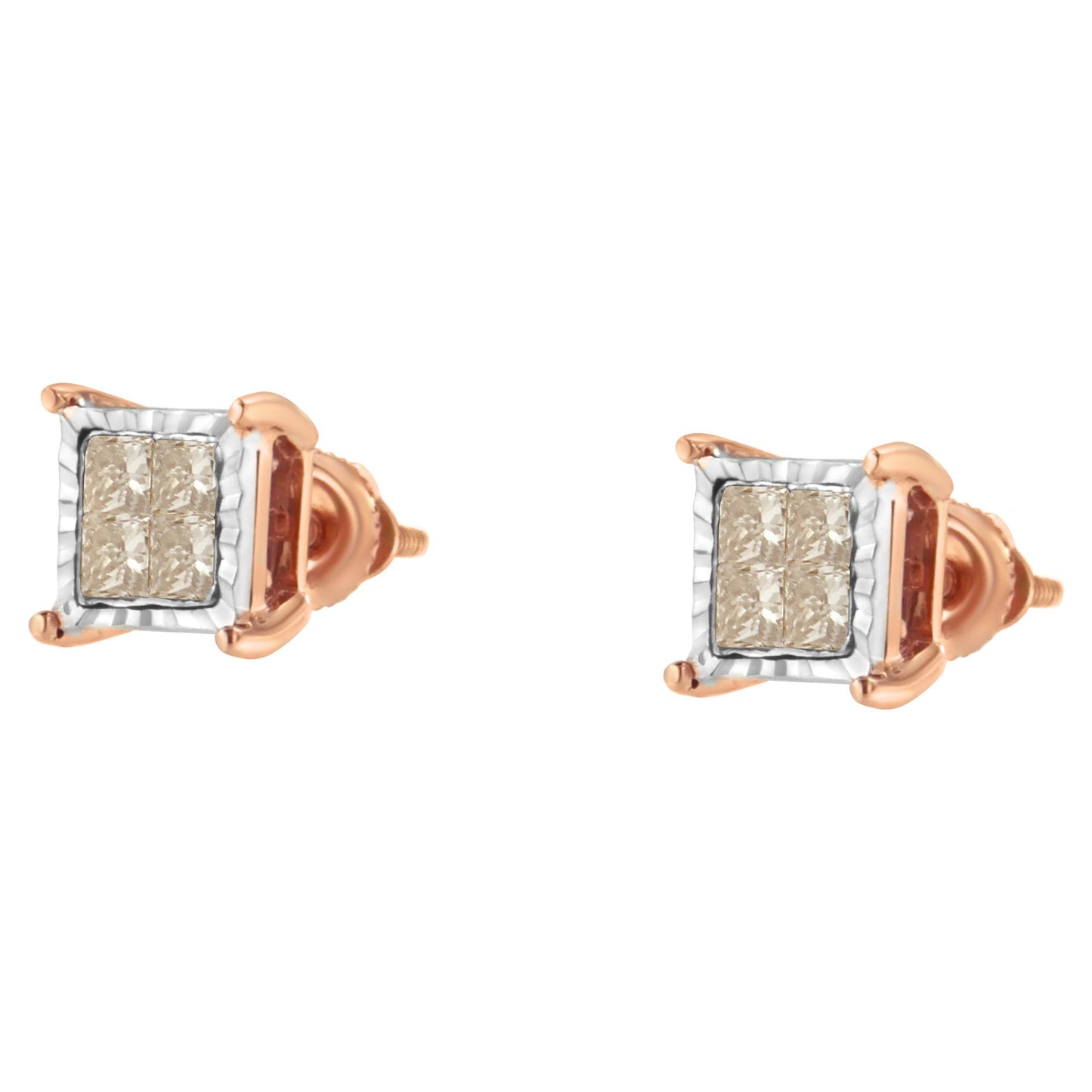 Pair of square-shaped stud earrings with white and rose metal tones, featuring multiple small white gemstones in a cluster setting, shown from a front angle.