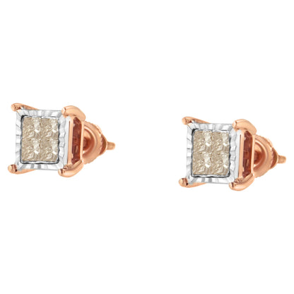 Pair of square-shaped stud earrings with white and rose metal tones, featuring multiple small white gemstones in a cluster setting, shown from a front angle.