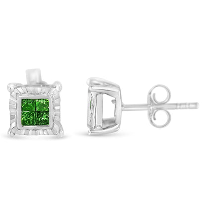 Pair of white metal stud earrings with square-shaped green gemstones in invisible setting, shown from front and side angles.