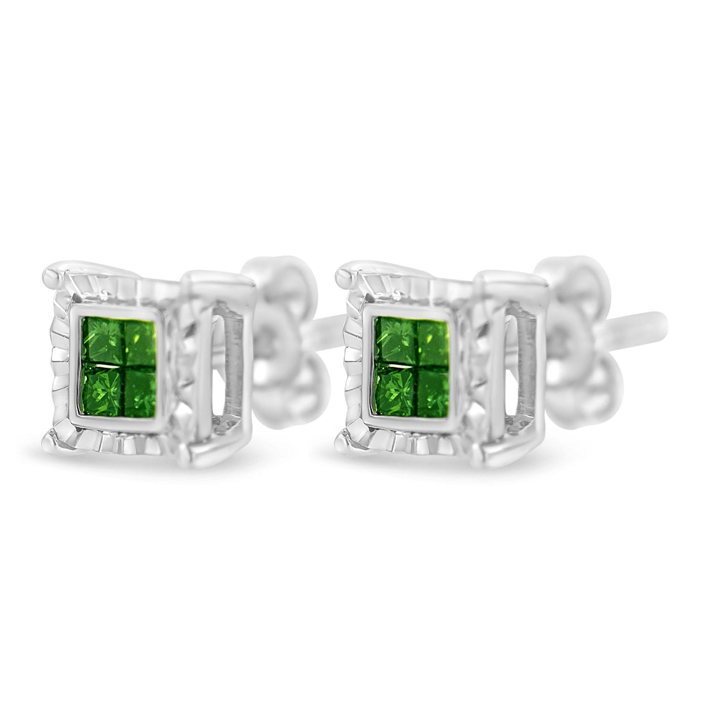 Pair of white metal stud earrings with princess-shaped green gemstones in an invisible setting, shown at a close-up angle.