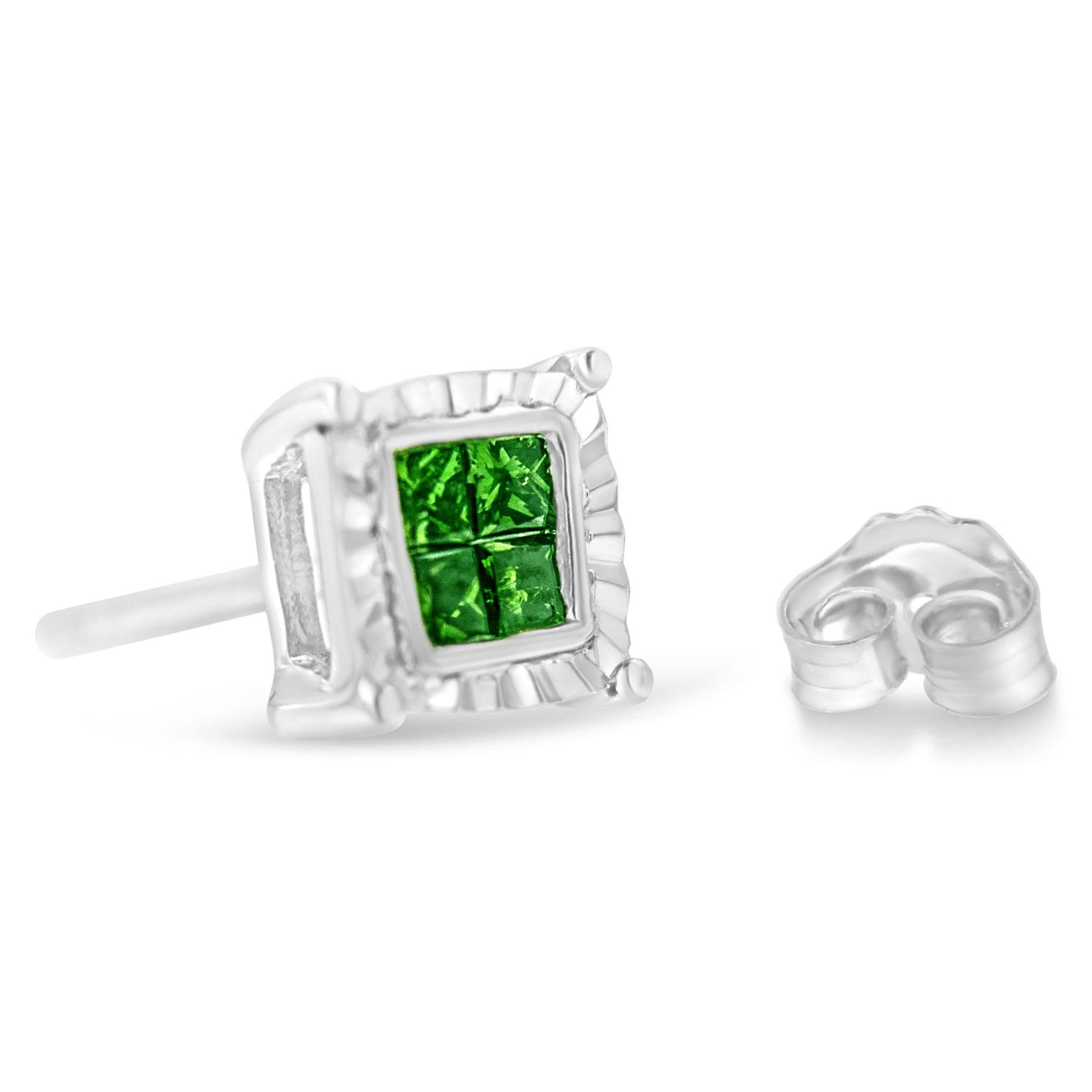 Close-up side angle of a white metal stud earring with four green princess-shaped gemstones in an invisible setting and a separate backing.