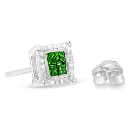 Close-up side angle of a white metal stud earring with four green princess-shaped gemstones in an invisible setting and a separate backing.