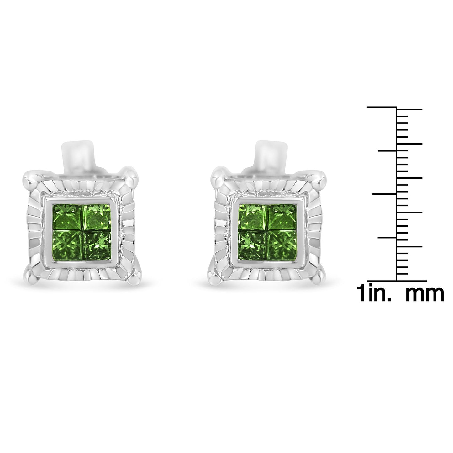 Front view of white metal square stud earrings featuring four princess-shaped green gemstones in invisible setting arranged together.