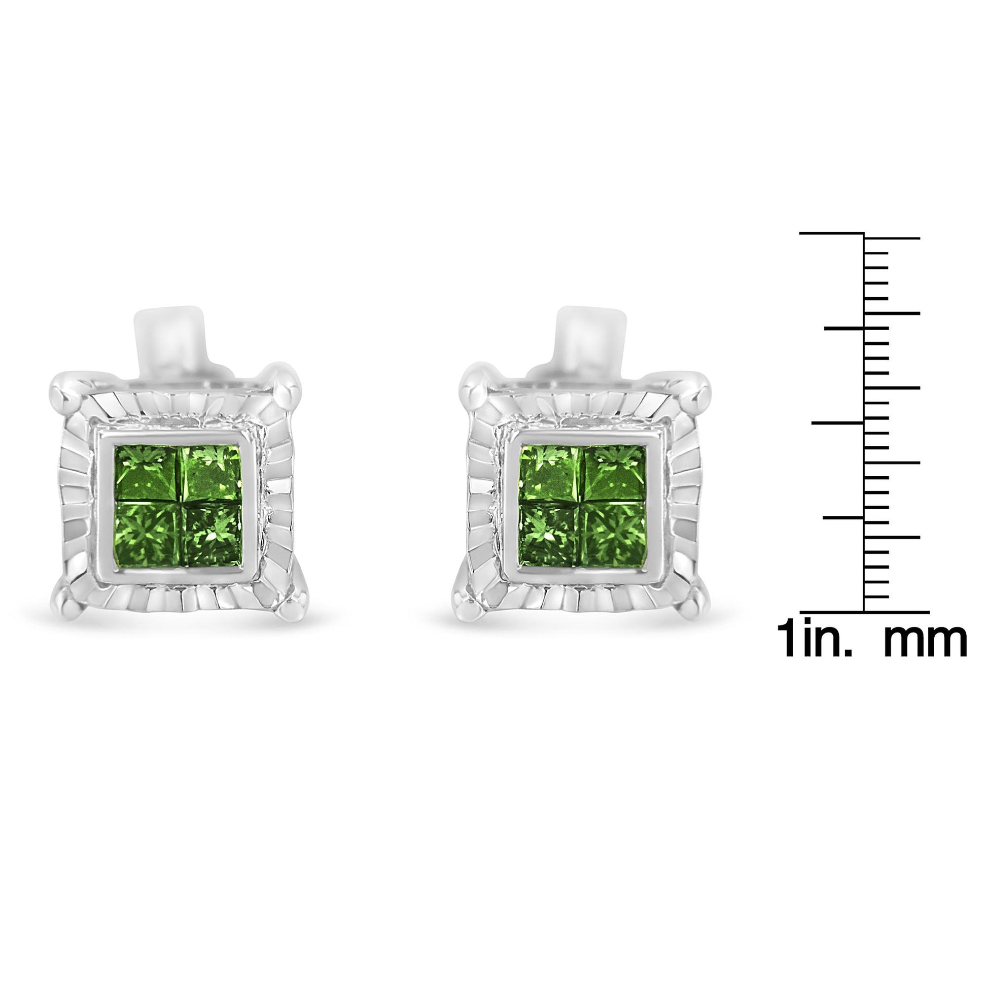Front view of white metal square stud earrings featuring four princess-shaped green gemstones in invisible setting arranged together.