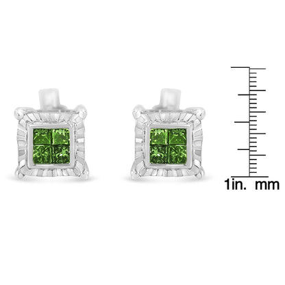 Front view of white metal square stud earrings featuring four princess-shaped green gemstones in invisible setting arranged together.