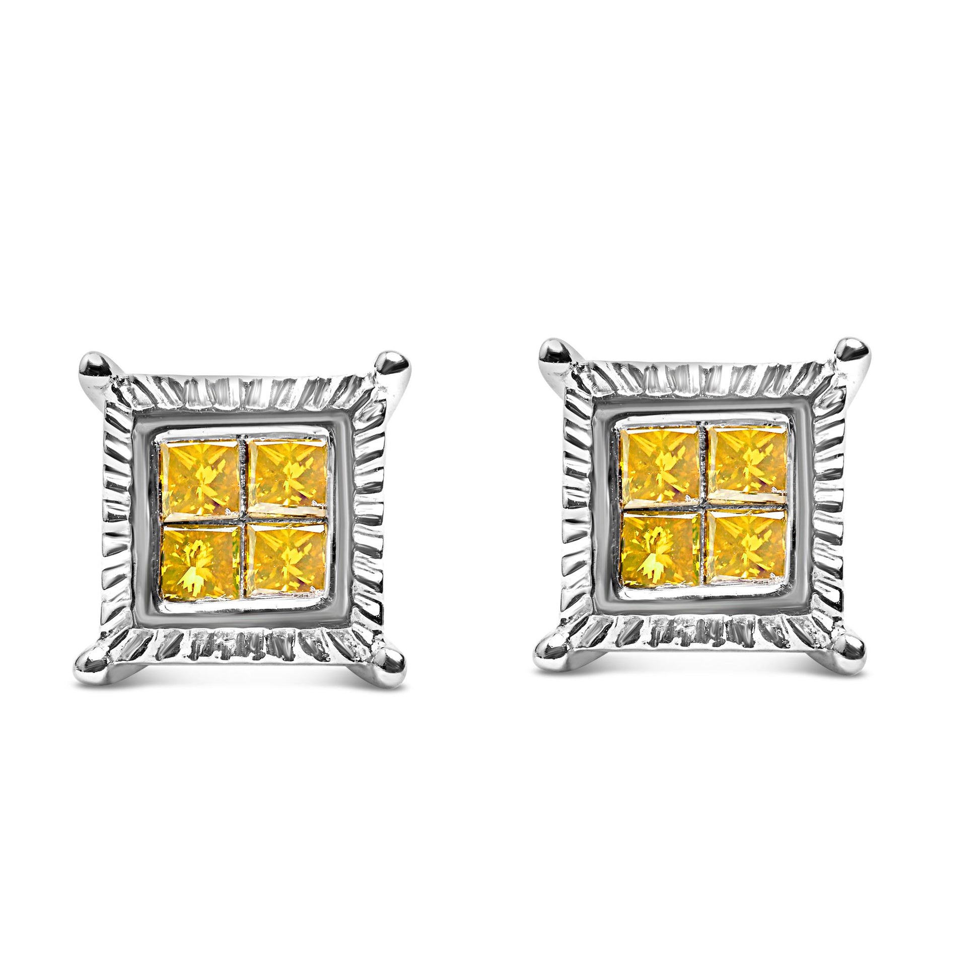 Close-up front view of a pair of square white metal stud earrings featuring four yellow princess-shape gemstones set invisibly in each earring.