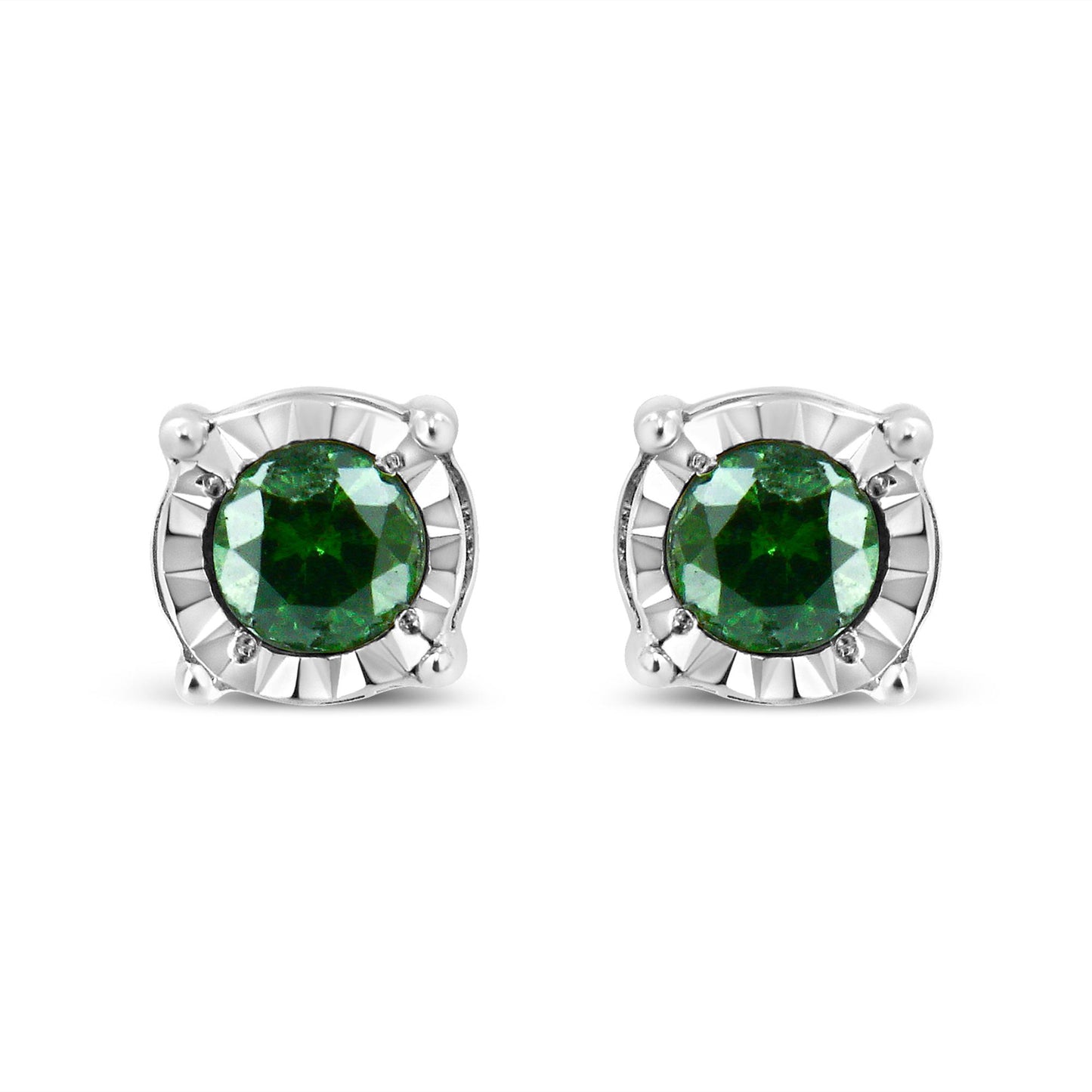 Front view of white metal stud earrings with round green gemstones in miracle setting.