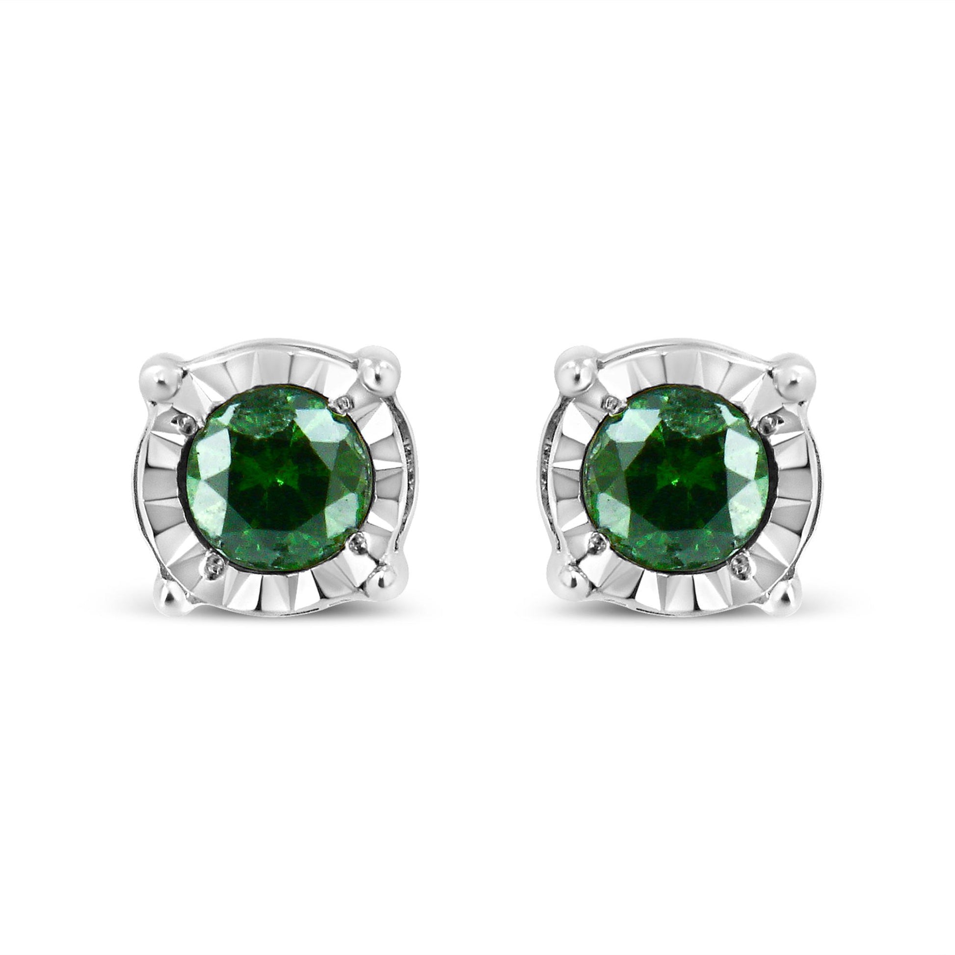 Front view of white metal stud earrings with round green gemstones in miracle setting.