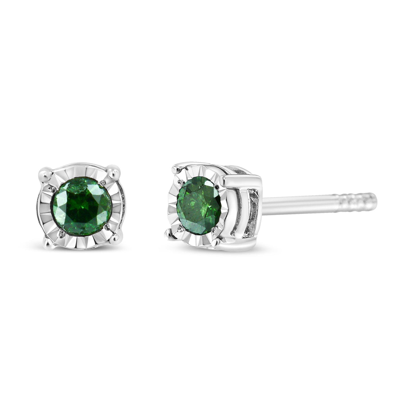 Close-up front and side view of white metal stud earrings with round green gemstones in miracle setting.