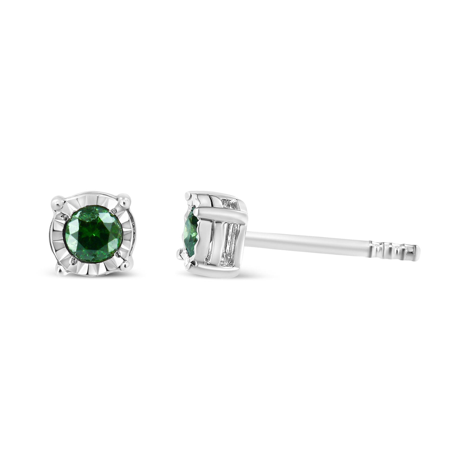 Pair of white metal stud earrings with round green gemstones in a miracle setting, shown from front and side angles.