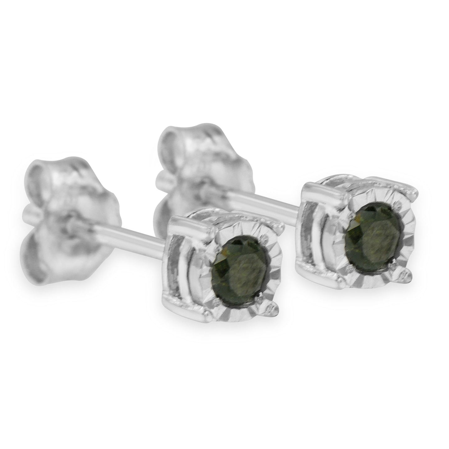 Close-up front angle of a pair of white metal stud earrings with round green gemstones in miracle settings.
