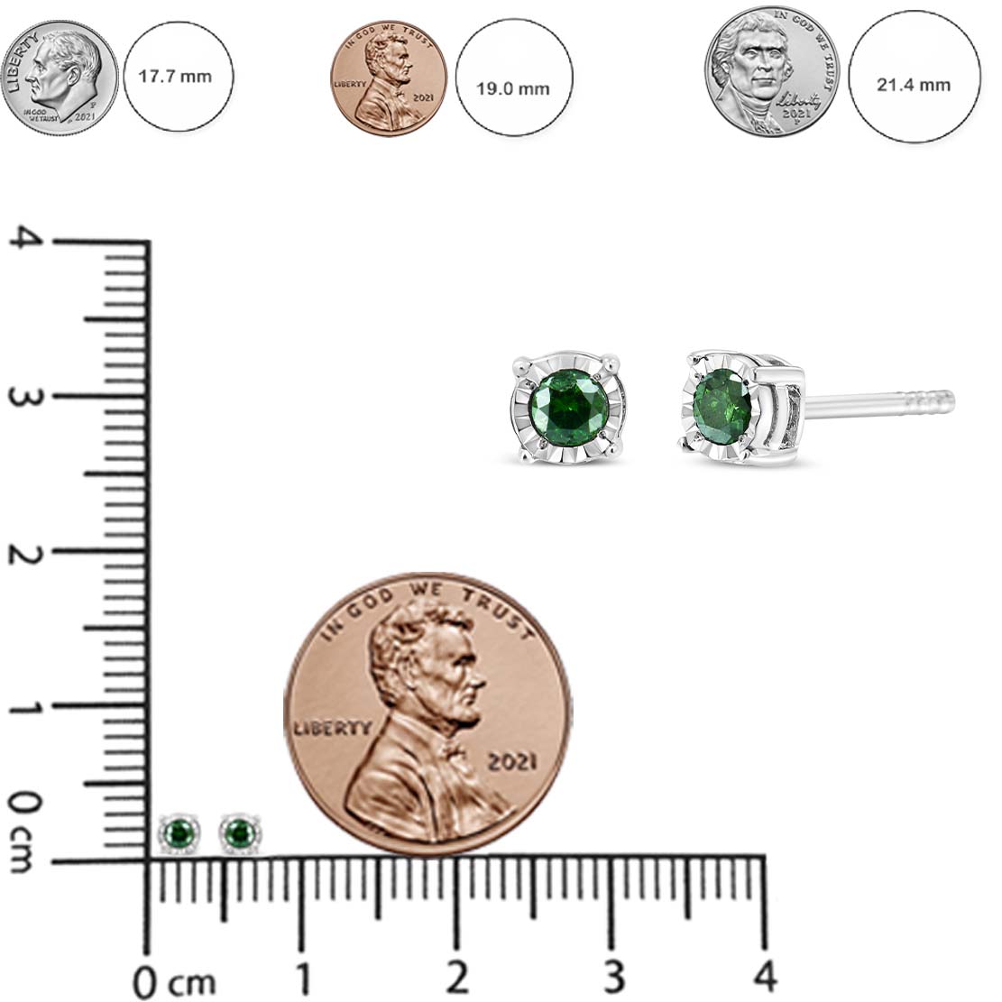 Pair of white metal stud earrings with round green gemstones in a miracle setting, shown from the front and side, placed on a ruler for size reference.
