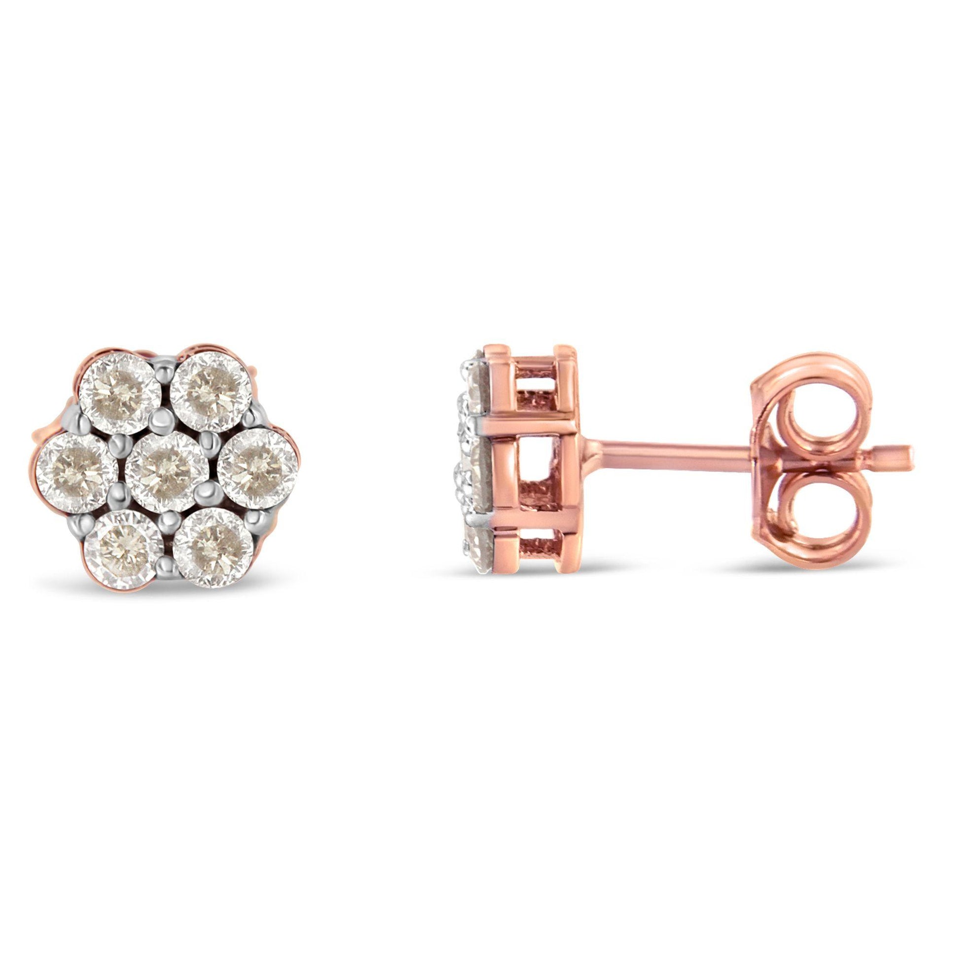 Front and side views of rose-colored stud earrings with a cluster of round white gemstones in prong settings, displayed on a white background.