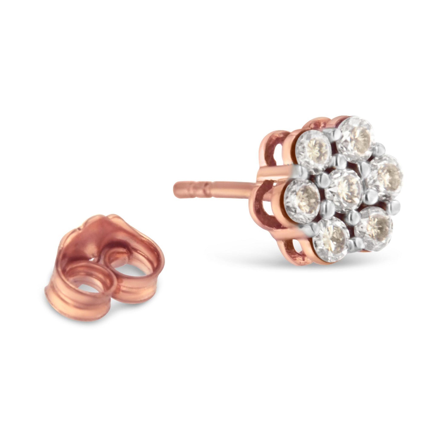 Close-up side angle of a rose metal stud earring with cluster of round white gemstones in prong settings, shown with a matching earring back.