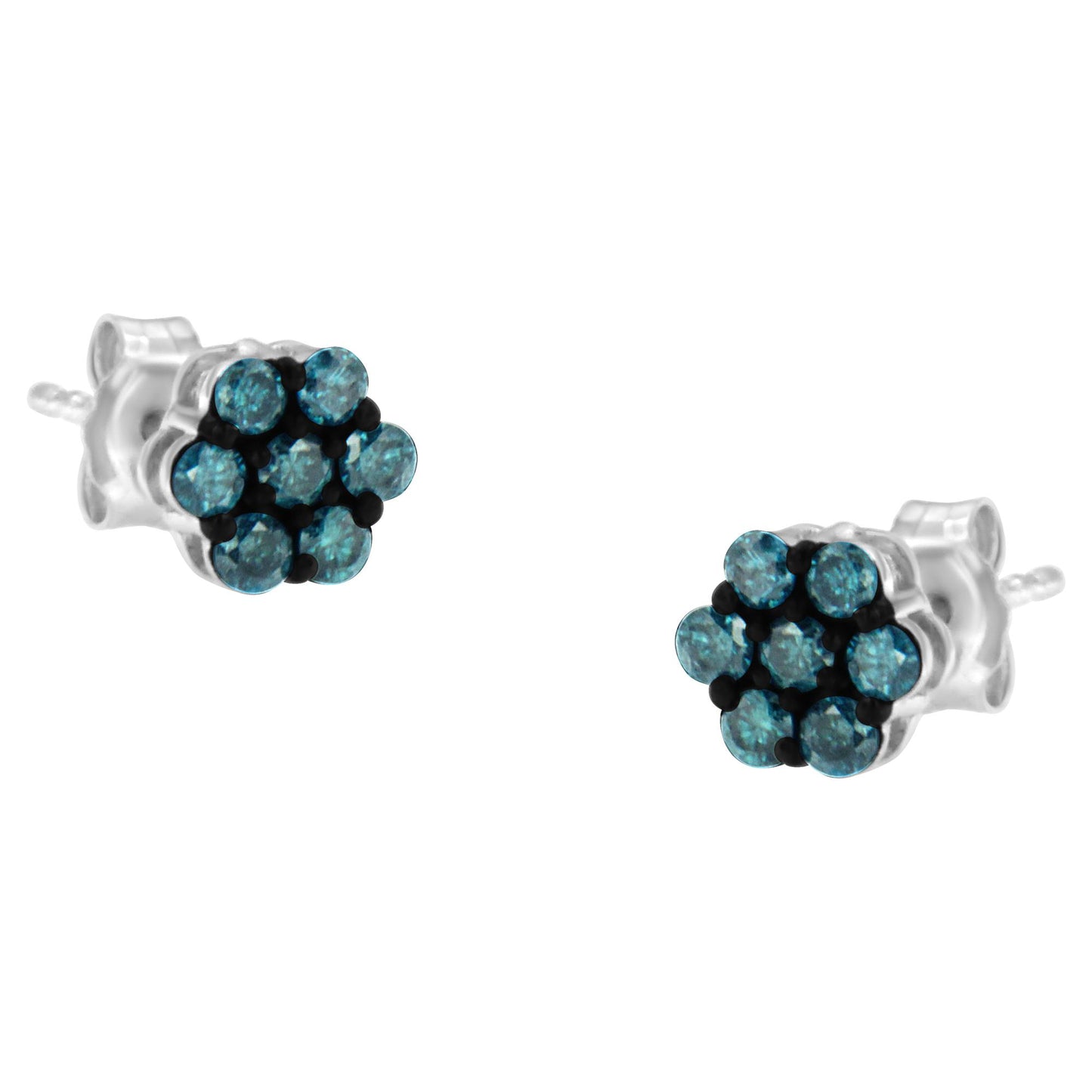 Pair of white metal stud earrings with round blue gemstones in prong settings, angled front view.