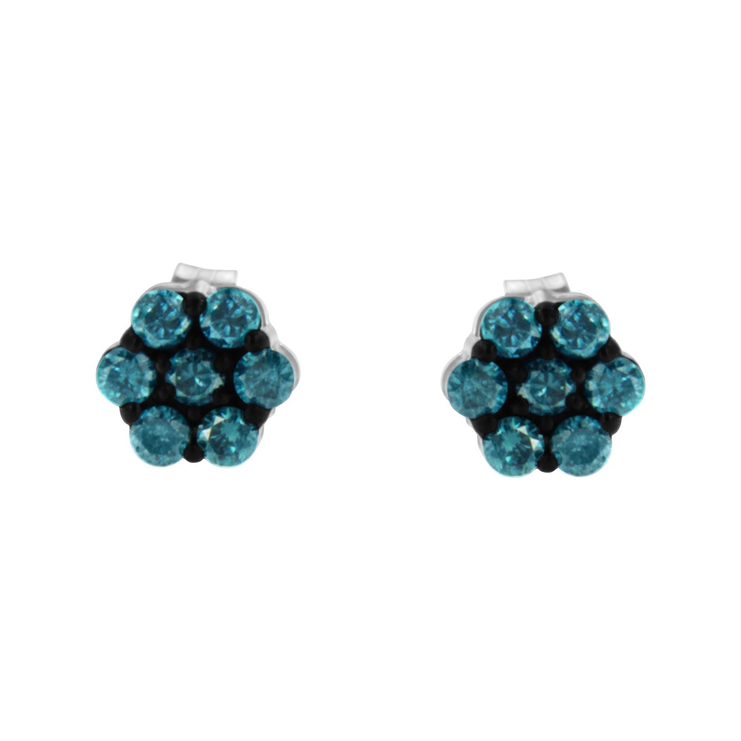 Front view of a pair of white metal stud earrings each featuring a cluster of round blue gemstones in prong settings.