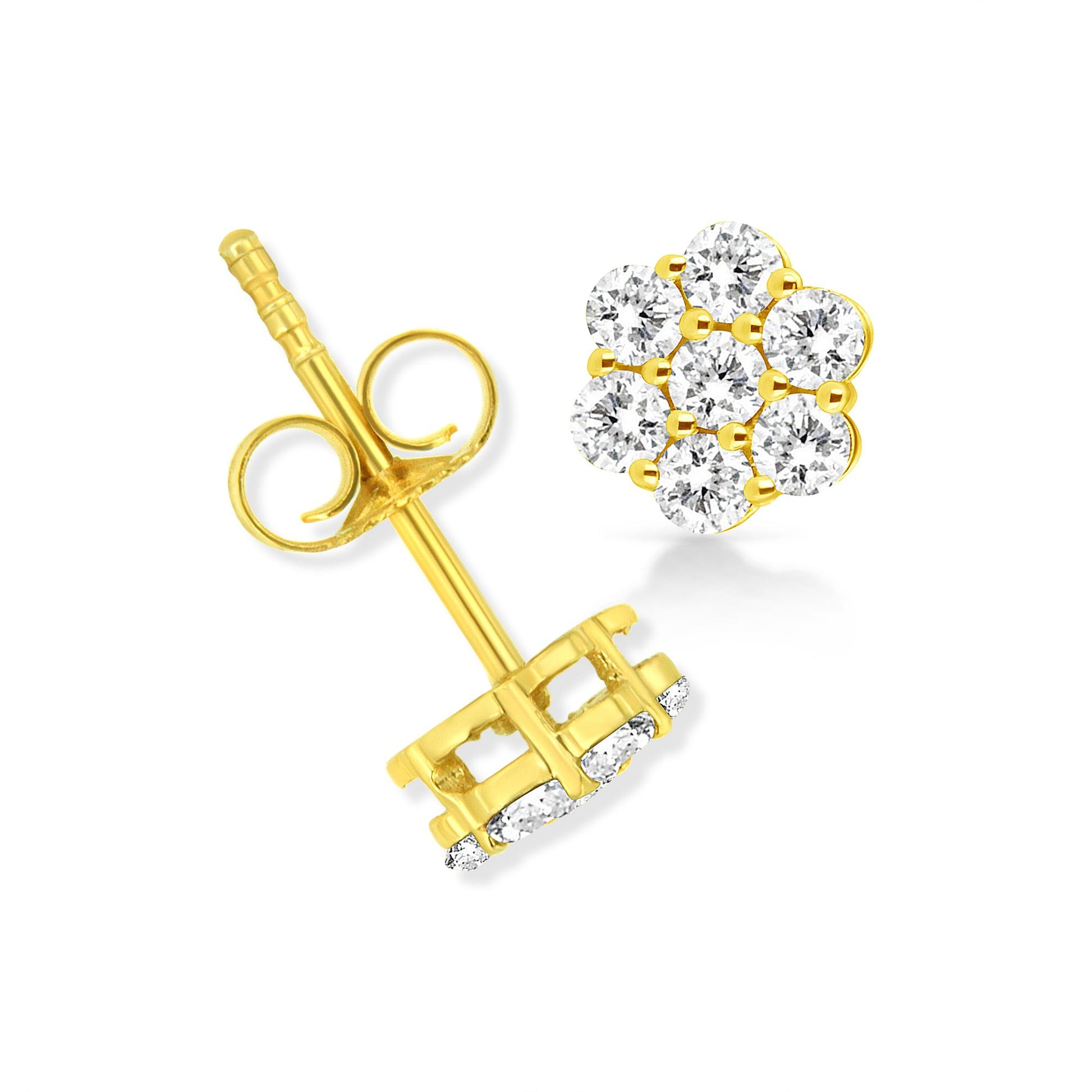 Close-up front and side angle of a pair of yellow metal stud earrings with cluster of round white gemstones set in prongs.