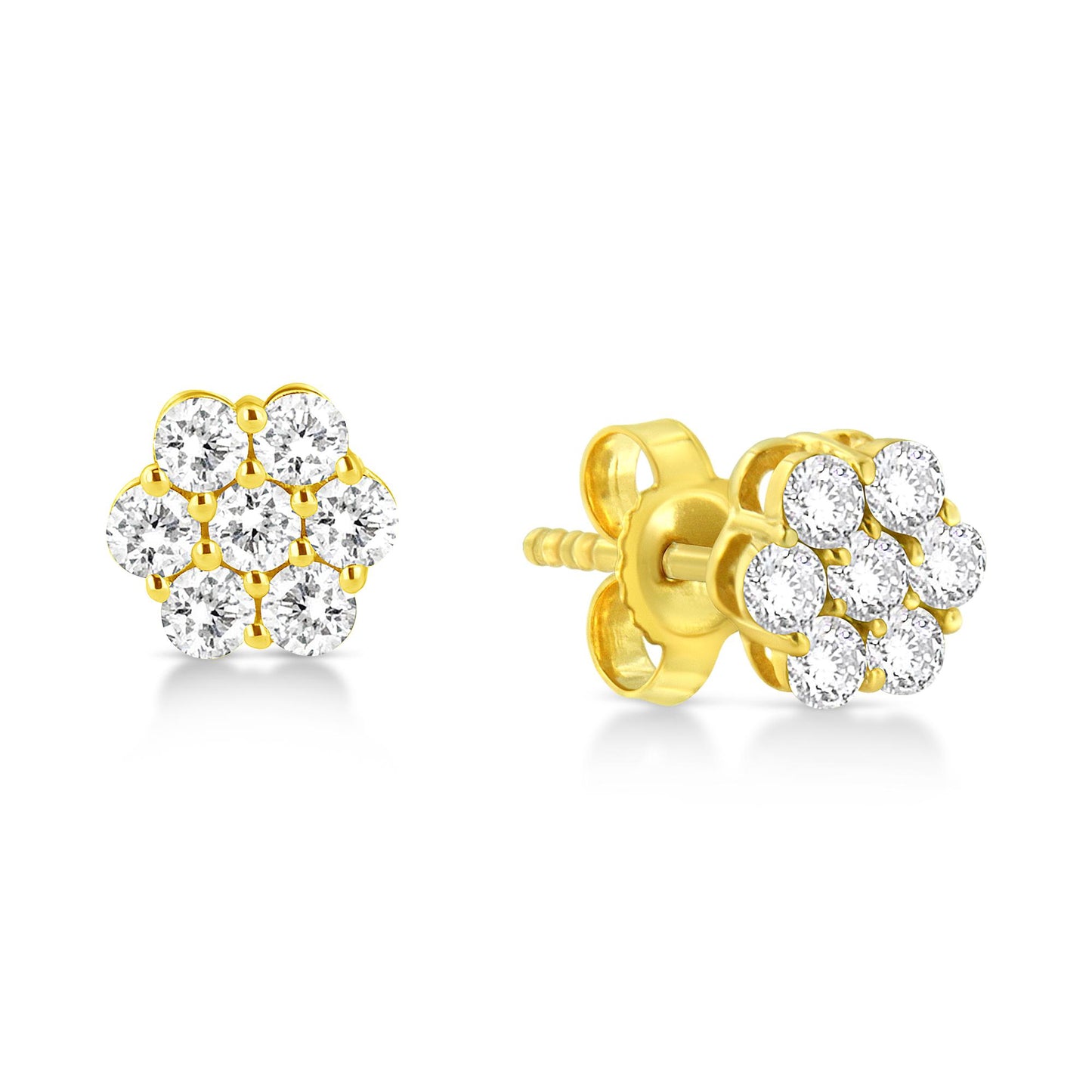 Pair of yellow metal stud earrings with clusters of round white gemstones in prong setting, shown from front and side angles.
