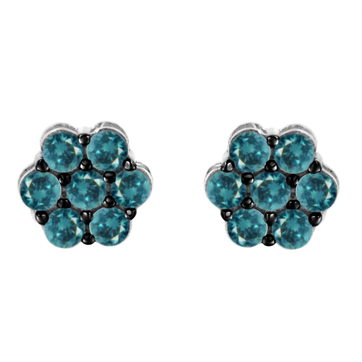 Pair of white metal flower-shaped stud earrings with round blue gemstones in prong settings, shown from the front.