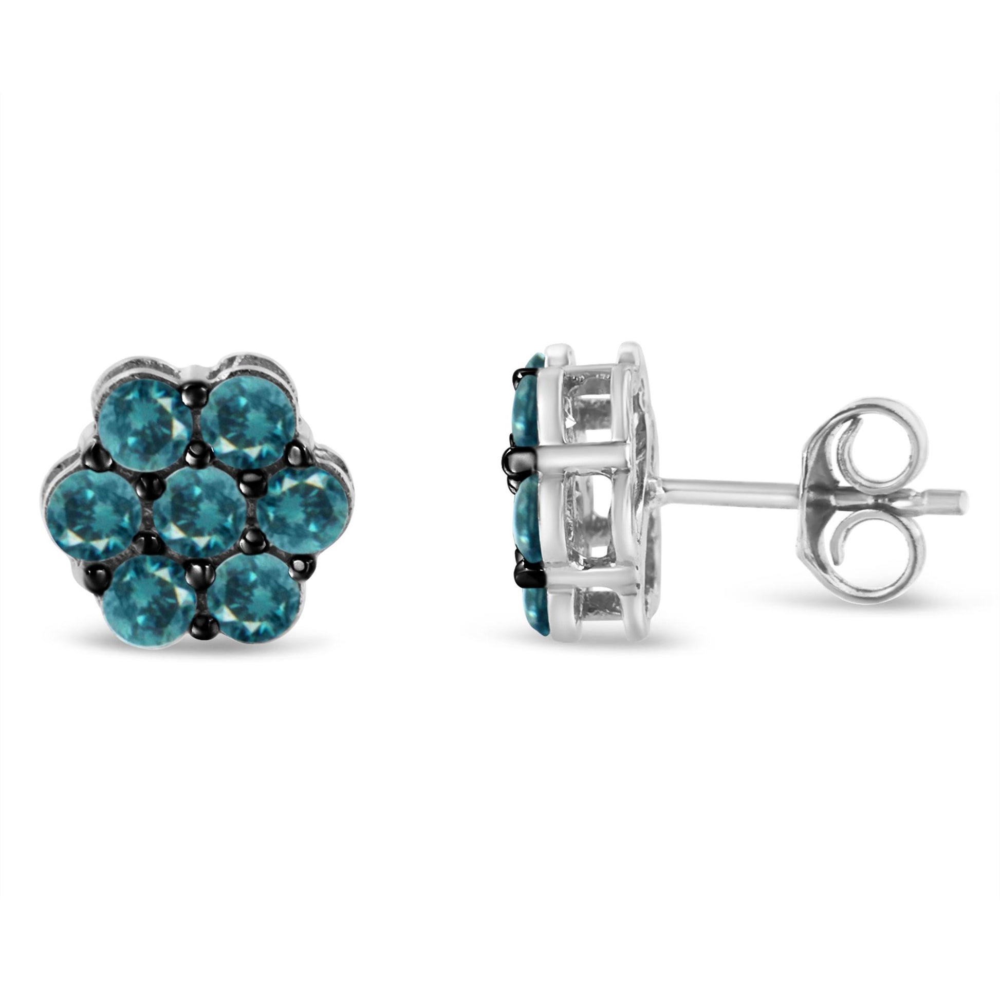 Pair of white metal stud earrings with round blue gemstones in prong settings, shown from front and side angles.