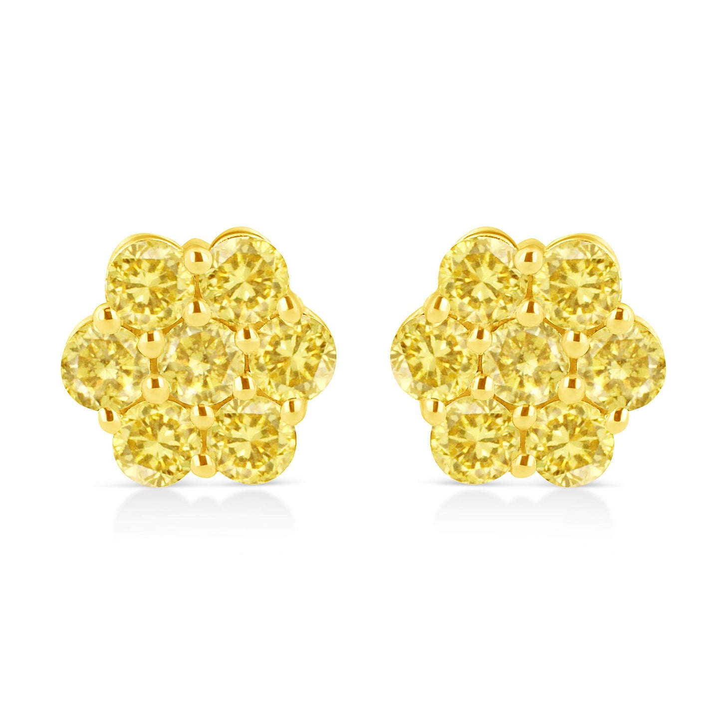 Front view of yellow metal cluster earrings with round yellow gemstones in prong settings.