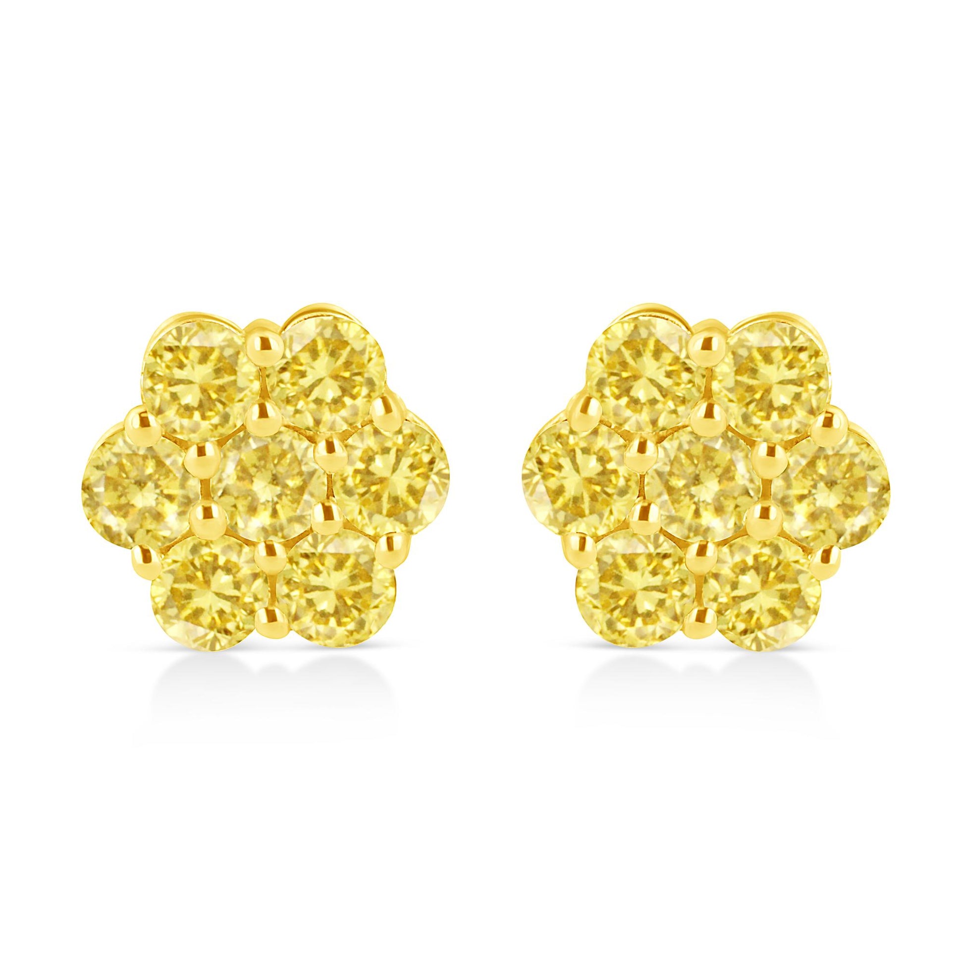 Front view of yellow metal cluster earrings with round yellow gemstones in prong settings.