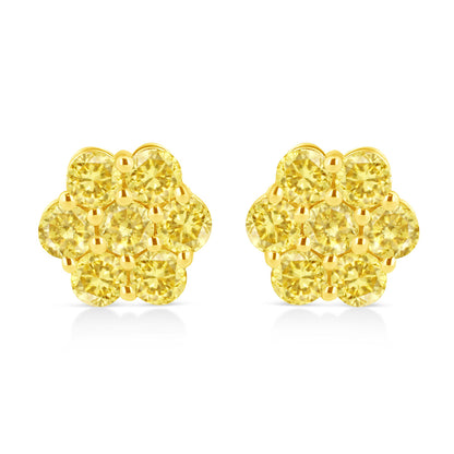 Front view of yellow metal cluster earrings with round yellow gemstones in prong settings.
