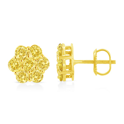 Front and side view of yellow metal stud earrings with round yellow gemstones in prong settings.