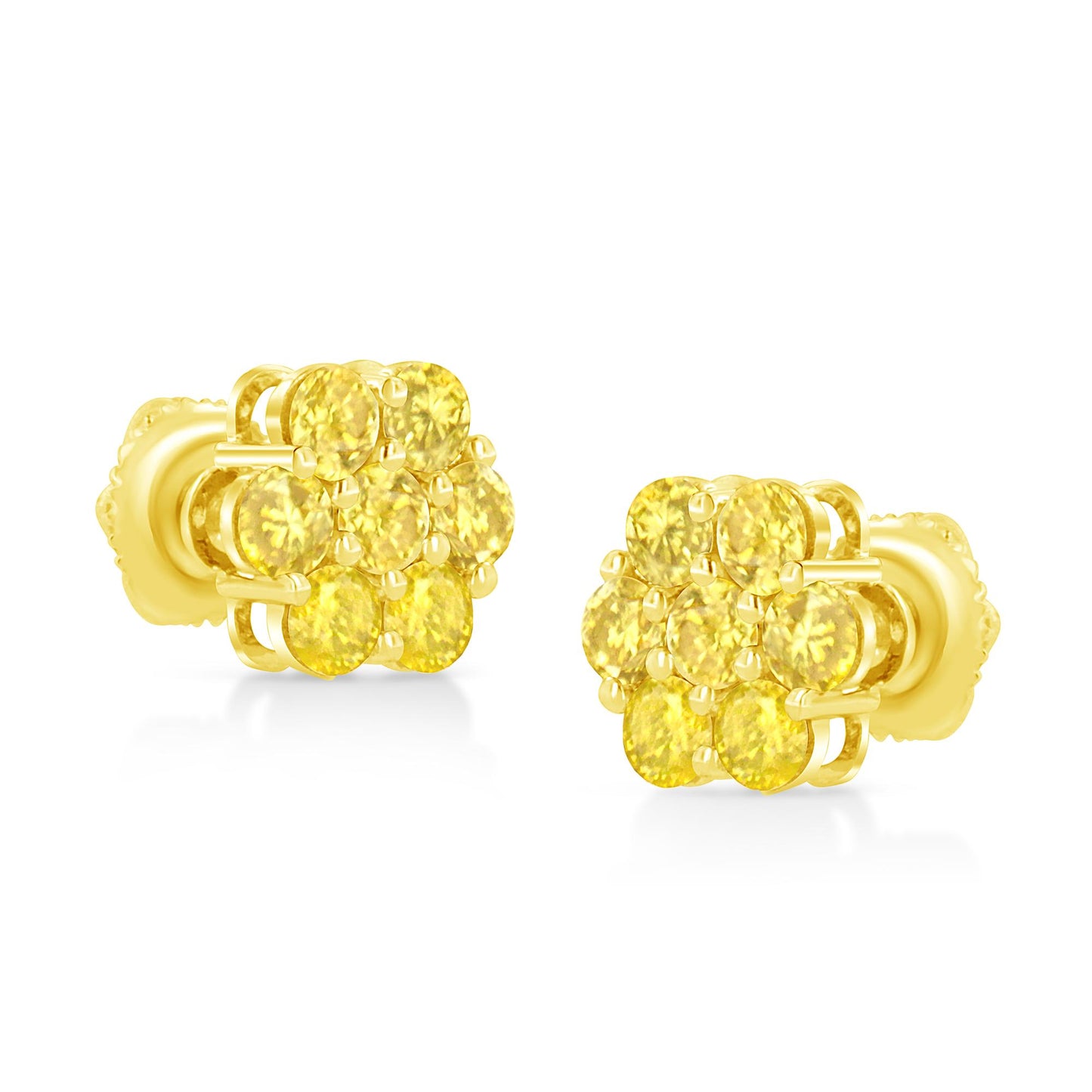 Pair of yellow metal stud earrings with clusters of round yellow gemstones in prong settings, shown from a front angle.