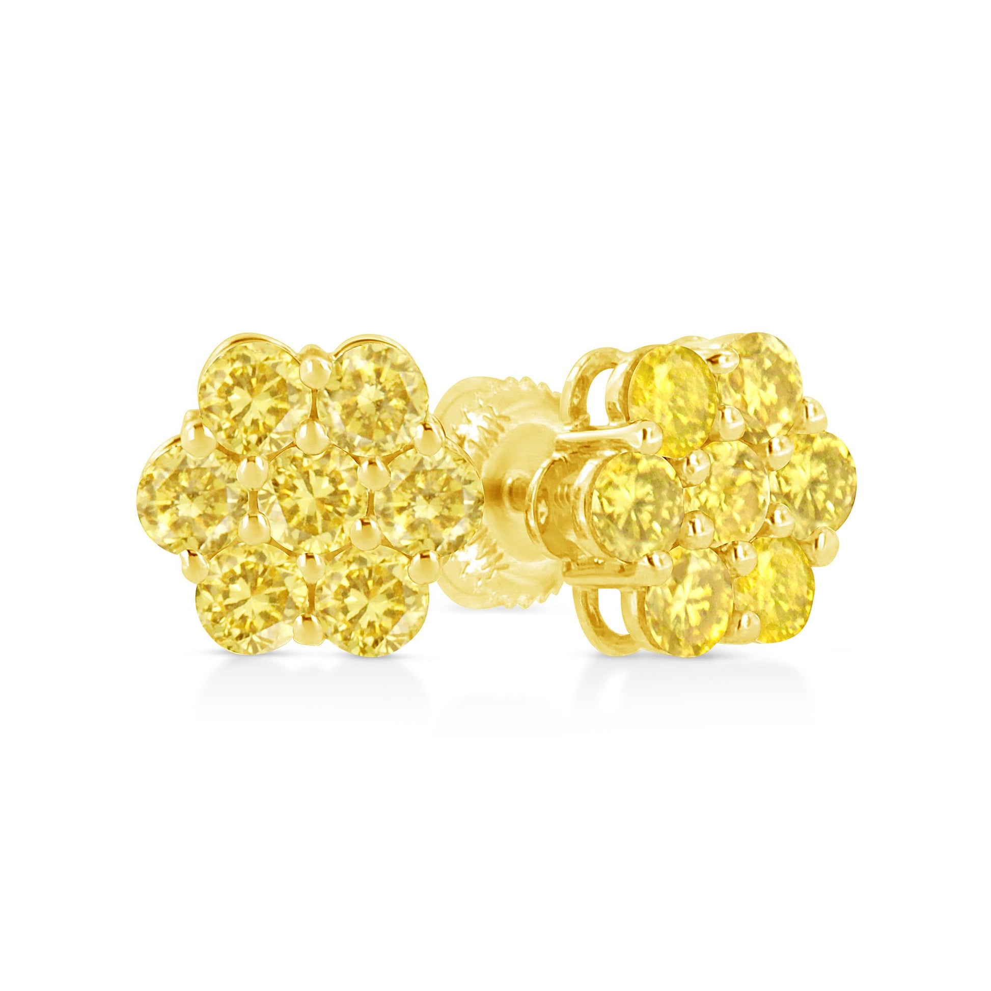 Close-up front and side view of yellow metal earrings shaped like a flower cluster with round yellow gemstones in prong settings.