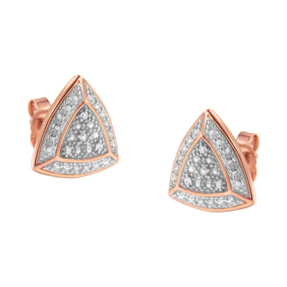 Pair of rose metal triangular stud earrings with white round pave-set gemstones, shown from a front angle.