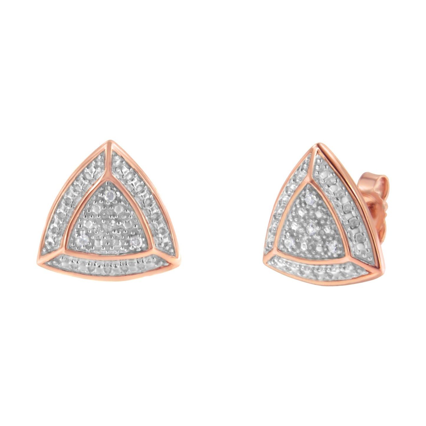 Pair of rose metal triangular stud earrings with white round pave-set gemstones, front and angled side views.
