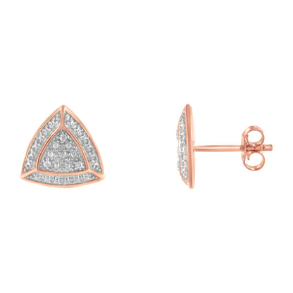Front and side view of triangular-shaped rose metal stud earring with white gemstones in pave setting.