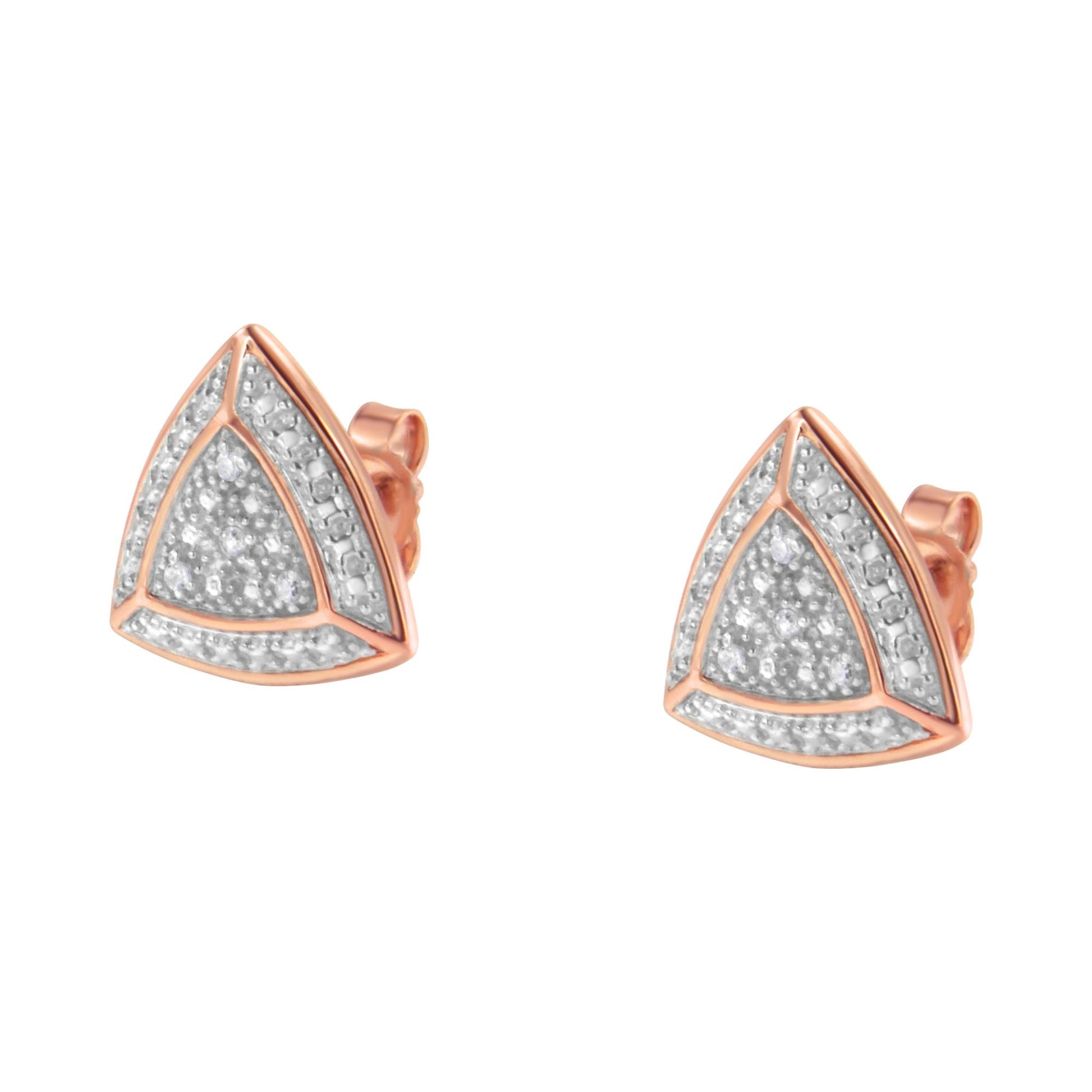 Pair of rose metal triangular earrings with white gemstones in pave setting, shown from a front angle.