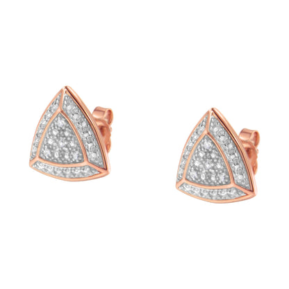 Pair of rose metal triangular earrings with white gemstones in pave setting, shown from a front angle.