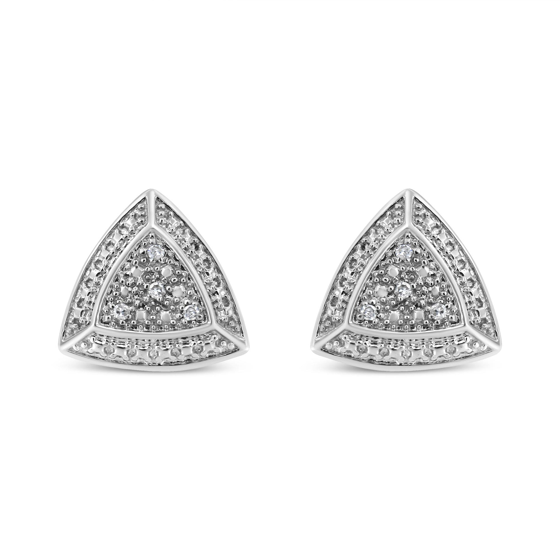 Pair of white metal triangular earrings with round white gemstones in pave setting, front-facing angle.