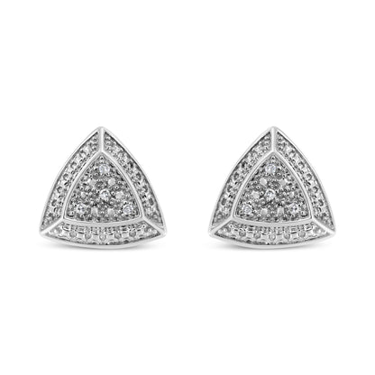 Pair of white metal triangular earrings with round white gemstones in pave setting, front-facing angle.