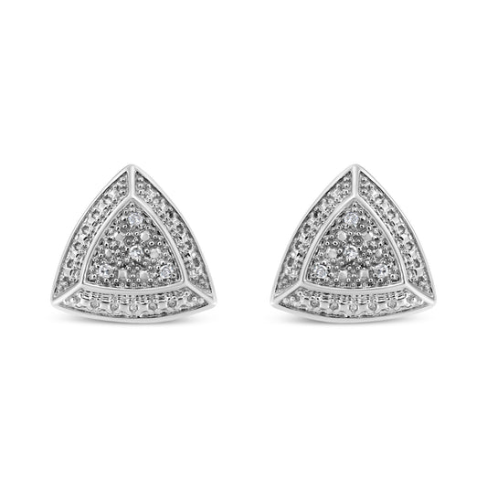 Pair of white metal triangular earrings with round white gemstones in pave setting, front-facing angle.