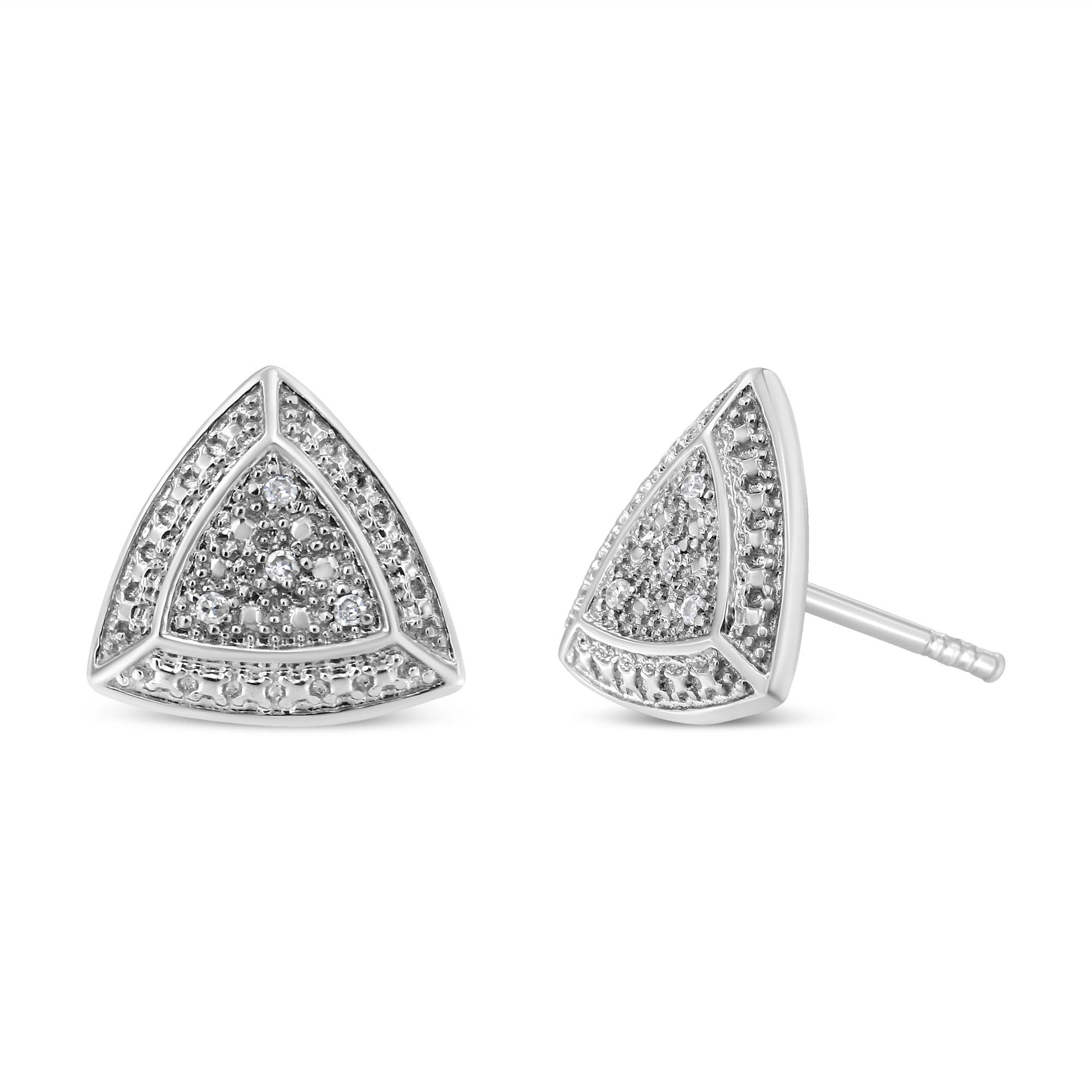Pair of white metal triangular stud earrings with round pave-set white gemstones, shown from front and side angles on a white background.